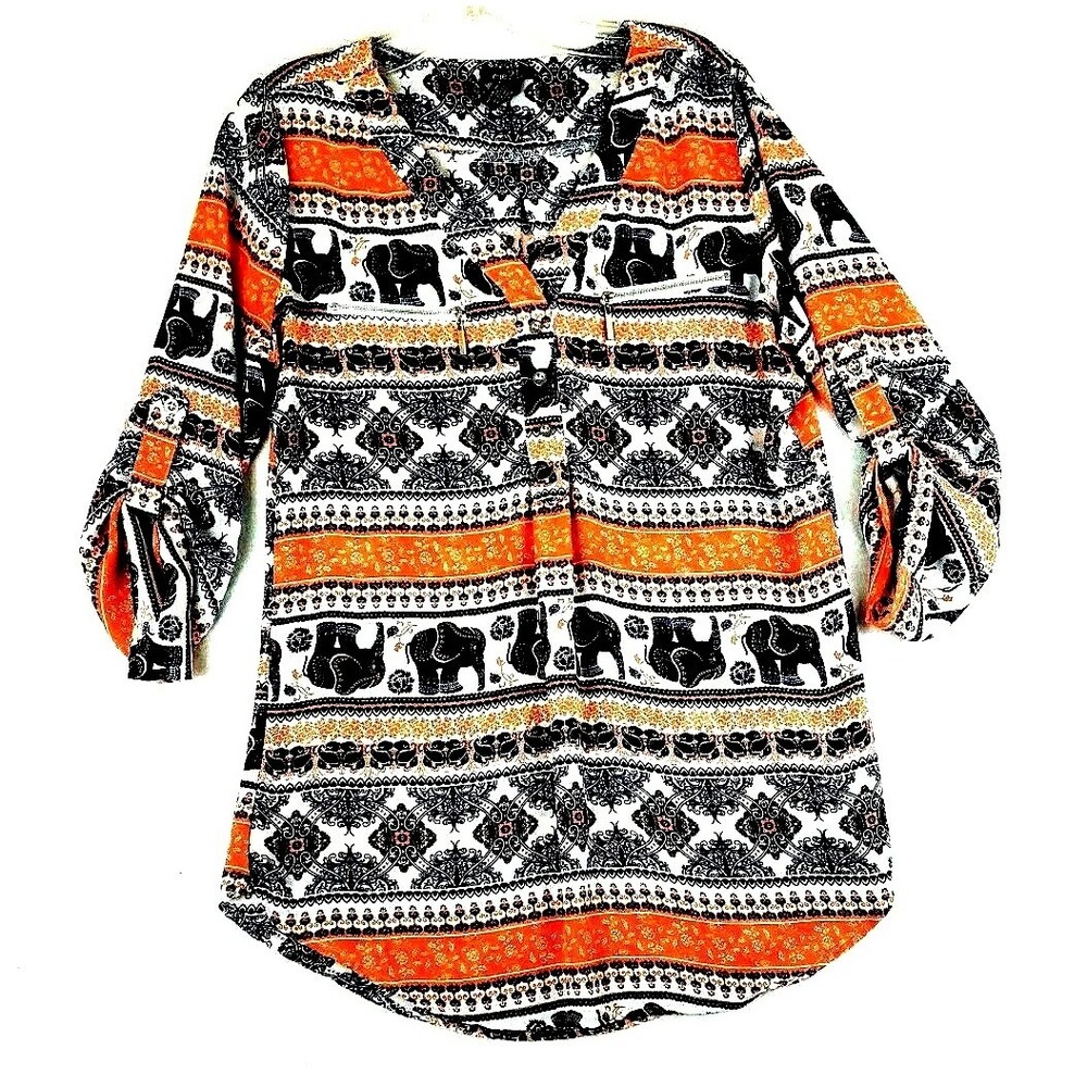 rue21 Women M Blouse Black Orange White Elephant Boho 3/4 Roll Sleeve Zipper